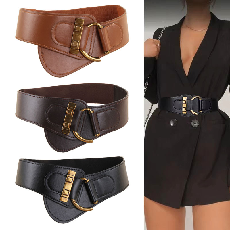 Cinturón ancho con hebilla de Metal para mujer, faja elástica elegante de PU, diseño ligero y elegante para vestidos, abrigos y trajes, 1 ud.