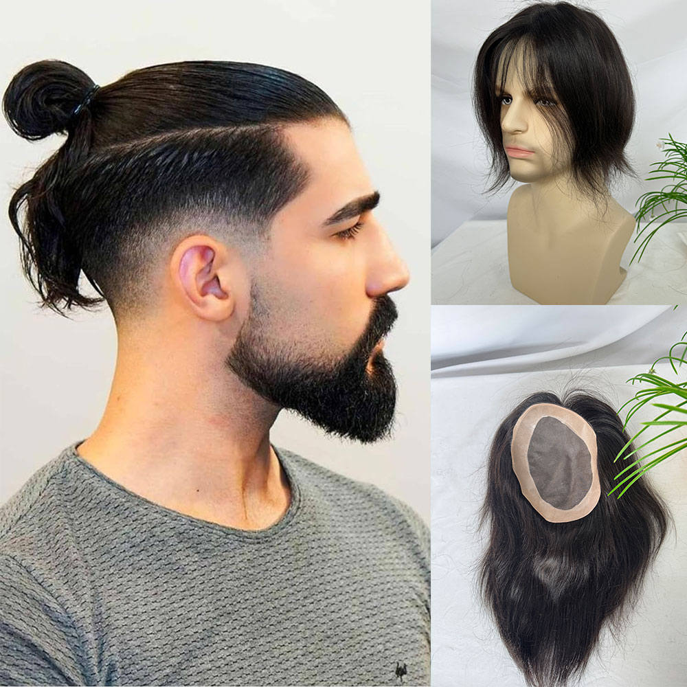 Peluca de Cabello Humano Indio para Hombre, Lisa, con Base de Monofilamento y PU de 6x8 Pulgadas, Color Natural, Reemplazo de Cabello, Tupé Completo de Monofilamento