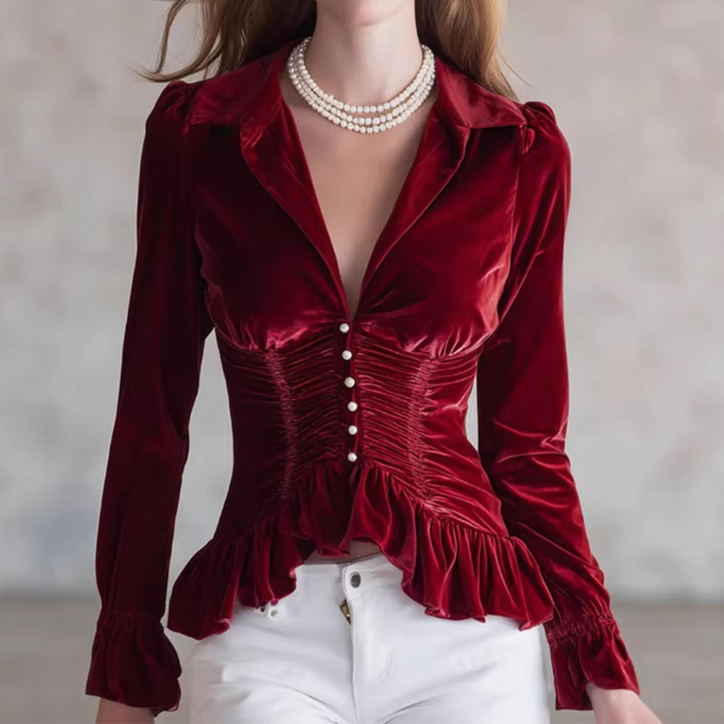 Vintage all'inizio della primavera nuova camicetta solida pieghettata colletto a maniche lunghe elegante camicia corta in velluto top tendenza moda abbigliamento donna