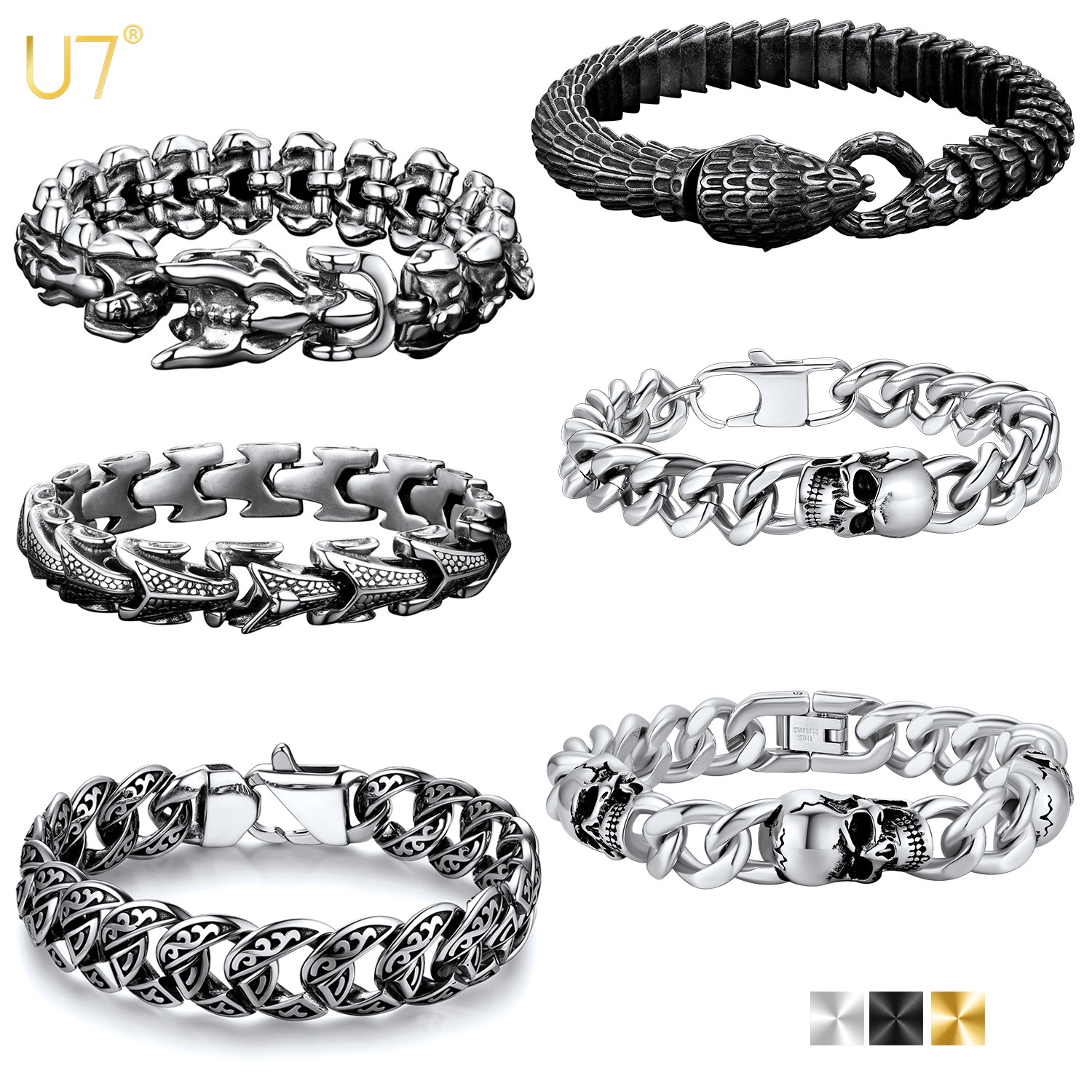 U7 19/21/23cm Dikke Ketting Armbanden voor Mannen Slangen- en Drakenbeenderen 10-17mm Breed RVS Gotische Punk Skelet Sieraden