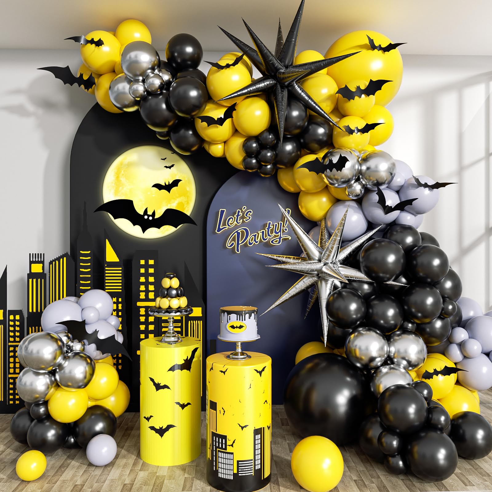 133 szt. Czarny, żółty, srebrny eksplodująca gwiazda girlanda balonowa zestaw chłopcy Baby Shower Bat Halloween tematyczne dekoracje na przyjęcie urodzinowe