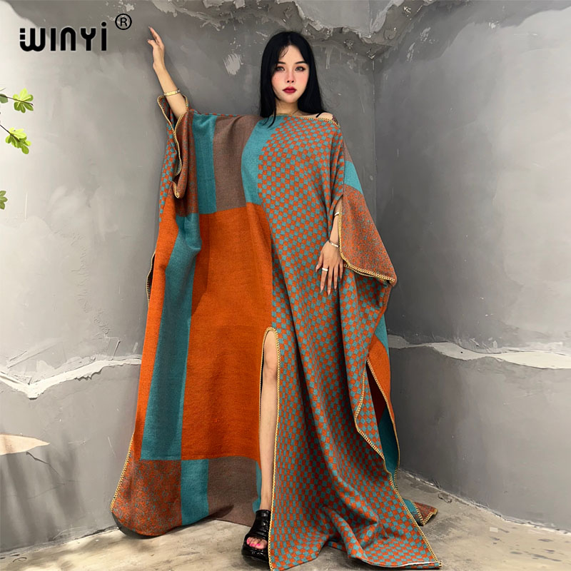WINYI-Vestido largo con estampado para mujer, a la moda caftán cómodo y cálido, elegante para fiesta de invierno, estilo bohemio, África, 2023