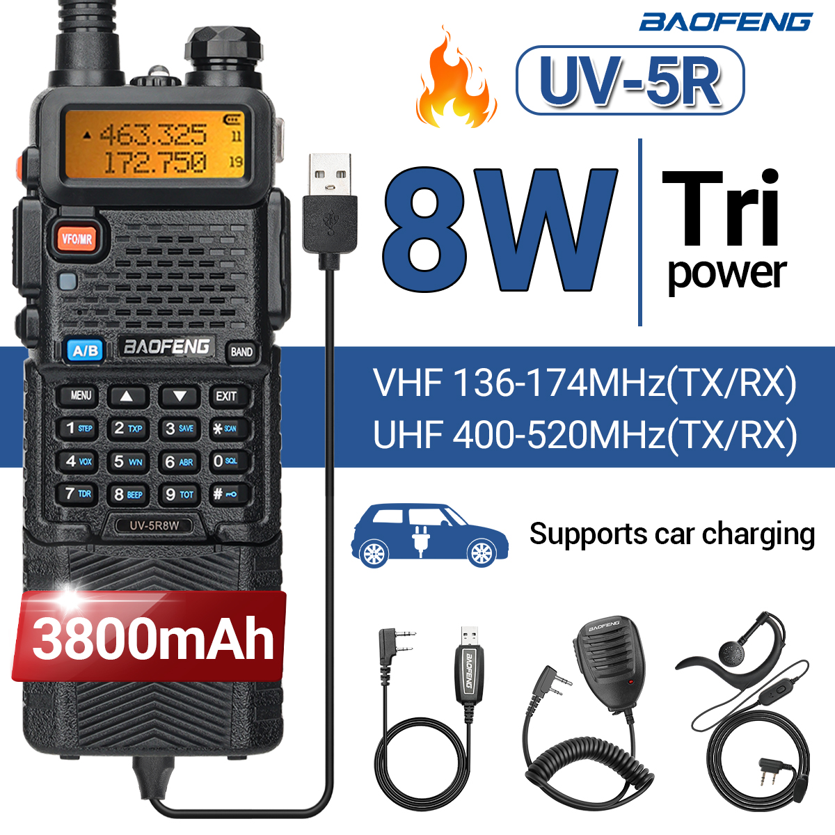 Baofeng UV-5R 8W 3800mAh Walkie Talkie Tri Power cargador tipo C de largo alcance UHF VHF transceptor de mano Ham Radio bidireccional