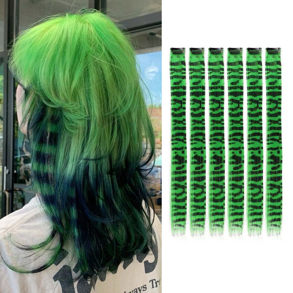 6 unids/set de pelo estampado de rayas, piezas de cabello largo y liso coloridas, extensiones de cabello sintético con Clip para uso diario, fiesta de Navidad