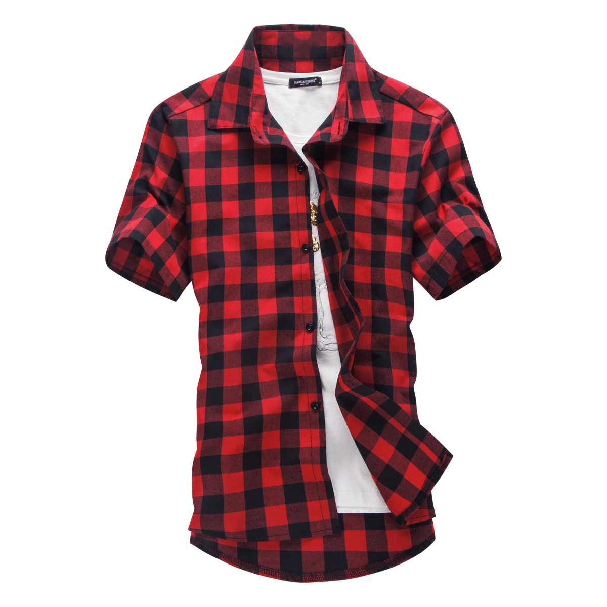 Czerwono-czarna koszula w kratę męska, koszule męskie 2026 nowa letnia moda, chemise homme, męskie koszule w kratę, koszula z krótkim rękawem męska, bluzka męska.