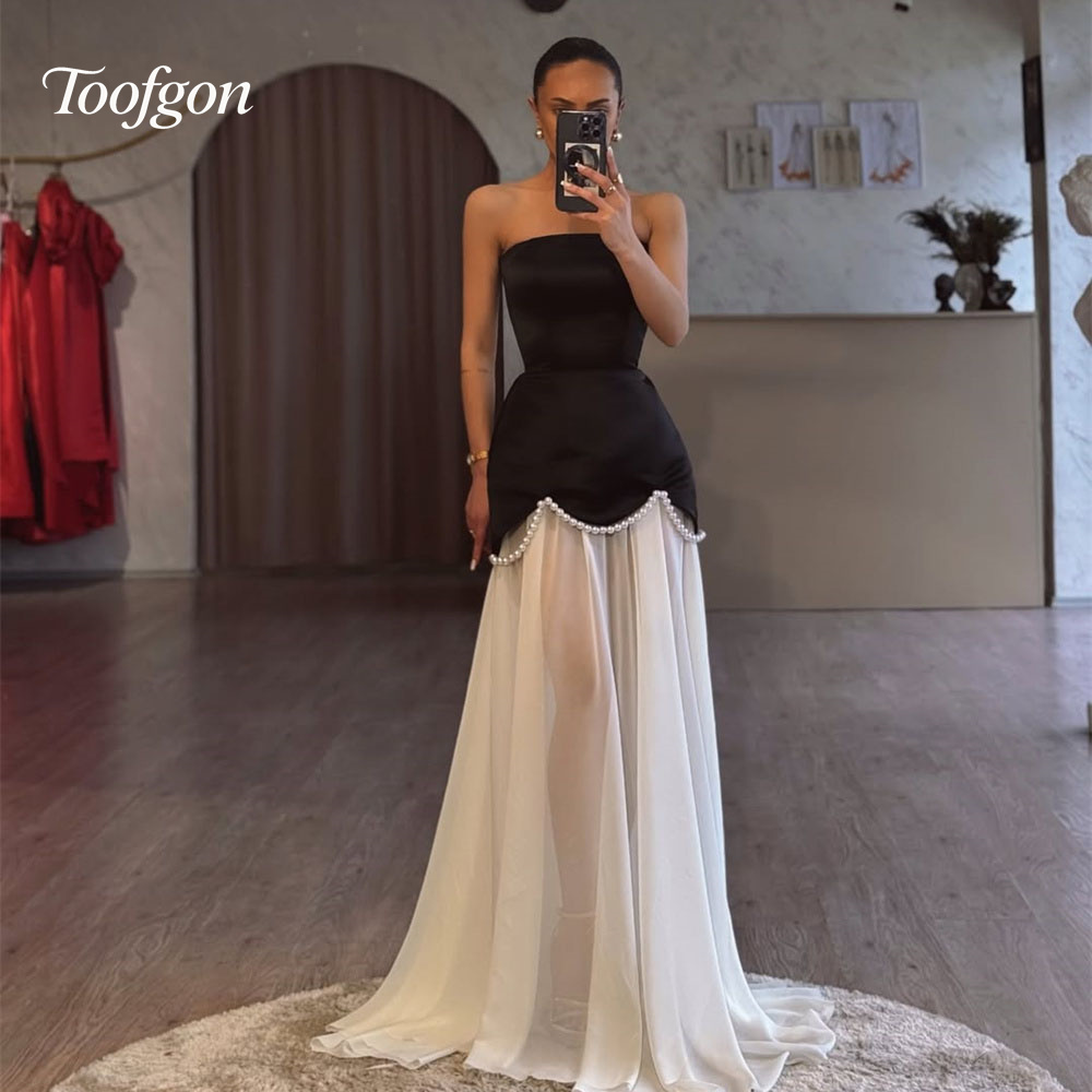 Toofgon senza spalline A Line abiti da sera lunghi in chiffon di raso perle personalizzate perline occasioni speciali abito da festa abito da ballo da donna