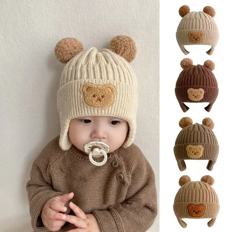 Gorro de lana para bebé, gorro con protección para los oídos de oso bonito, gorro de invierno para niños, tejido cálido y grueso, versión coreana del sombrero para bebé