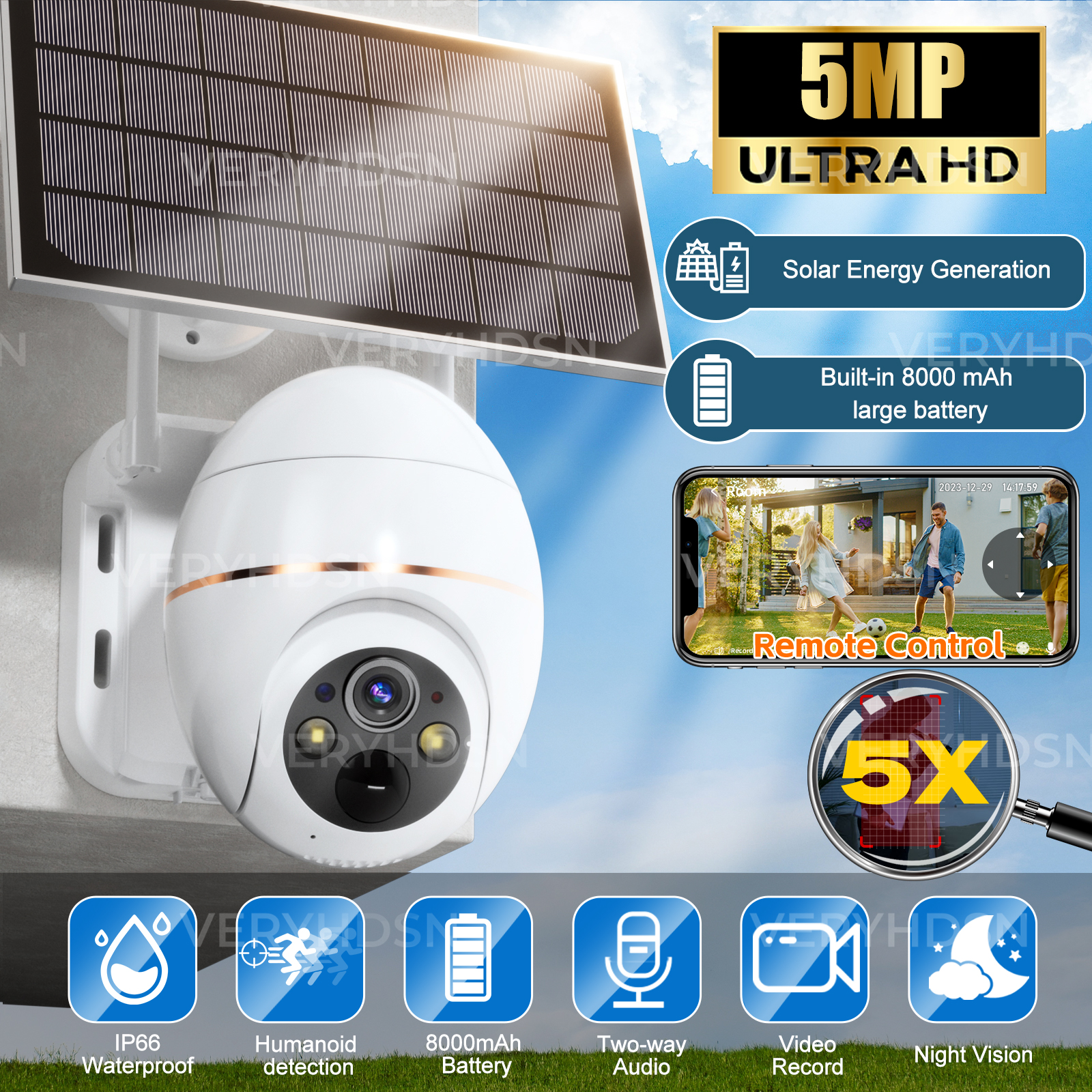 Cámara Solar WIFI de 5MP, batería de 8000mAh, cámaras IP de vigilancia PTZ, seguimiento humano PIR inalámbrico, CCTV HD, impermeable para exteriores, Zoom 5X