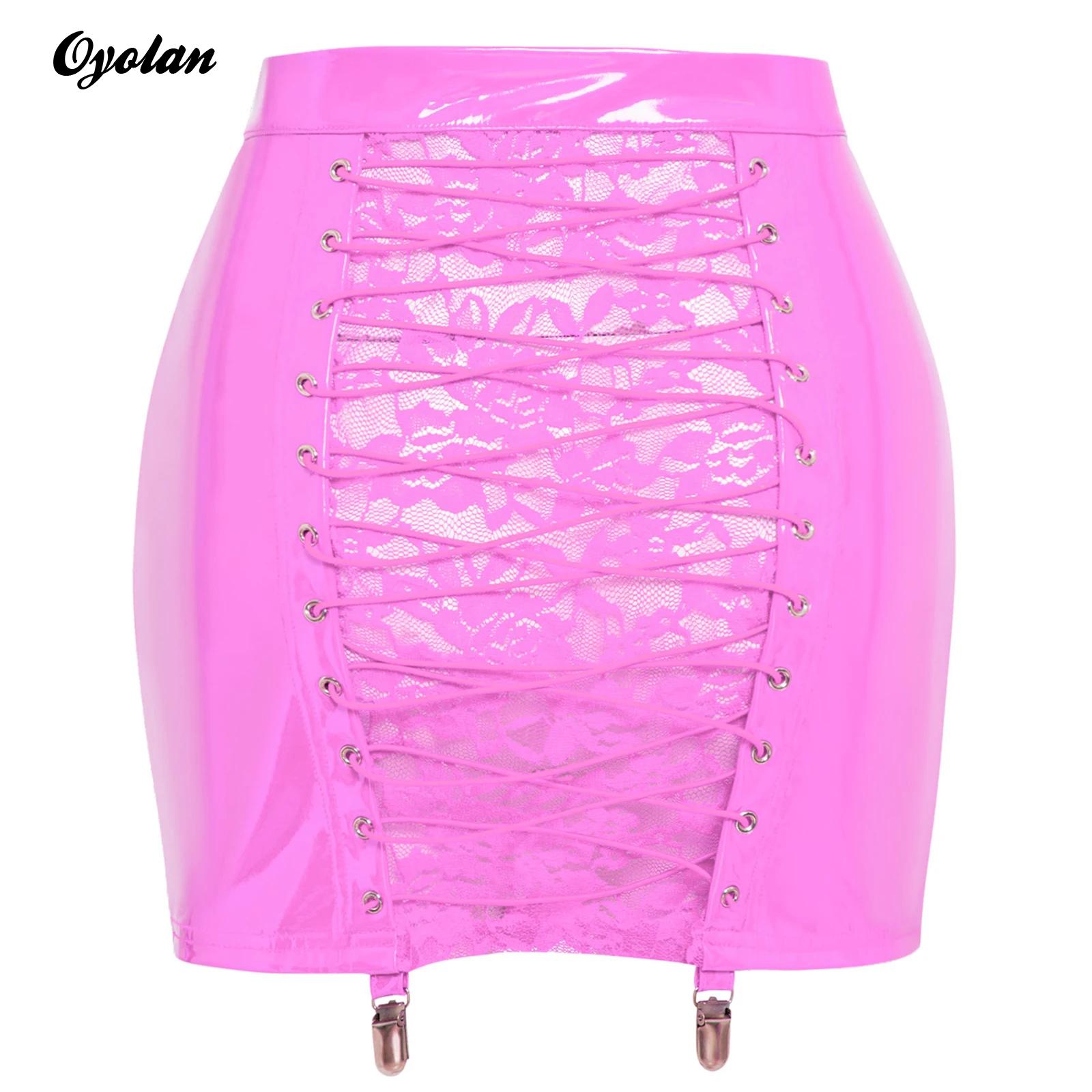 Mulheres zíper frontal volta bodycon mini saia molhado olhar couro do plutônio látex minissaia pura floral rendas sexy saias góticas clubwear