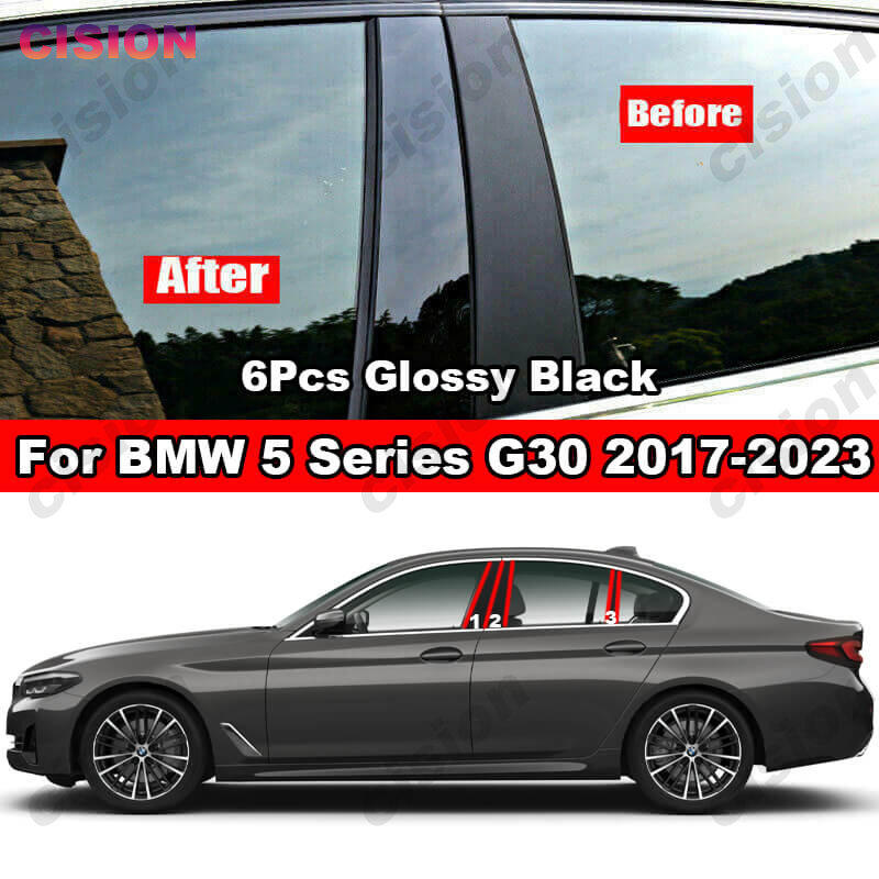 Glossy Black กระจกประตูหน้าต่างคอลัมน์ B C เสาโพสต์สำหรับ BMW 5 Series G30 2017-2023คาร์บอนไฟเบอร์ PC สติกเกอร์
