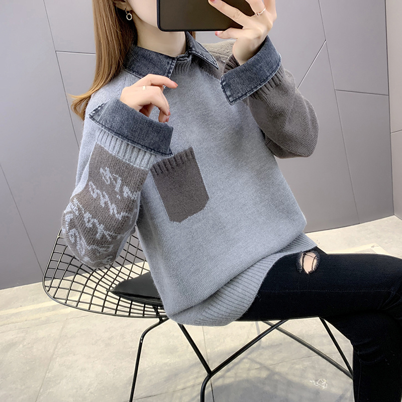 Female Autumn Attire New Knit Tops Women Knit Fashion Coat Hot Selling Ltems Fake Two Pieces Pullover Female Knitwear Sweater