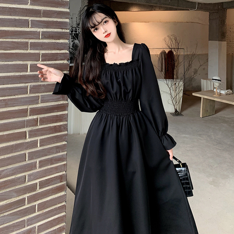 Kobiety Czarne Fałdy Elegancka Długa Sukienka Retro Luźny Słodki Kwadratowy Kołnierzyk Kobieca Sukienka Wiosna Jesień Wszystko Dopasowane Casual Ladies Vestidos