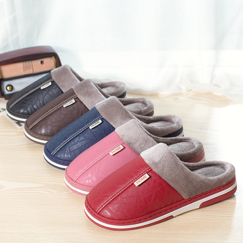Zapatillas de interior de piel sintética para hombre y mujer, zapatos de Casa impermeables, cálidos, informales, esponjosos, talla grande