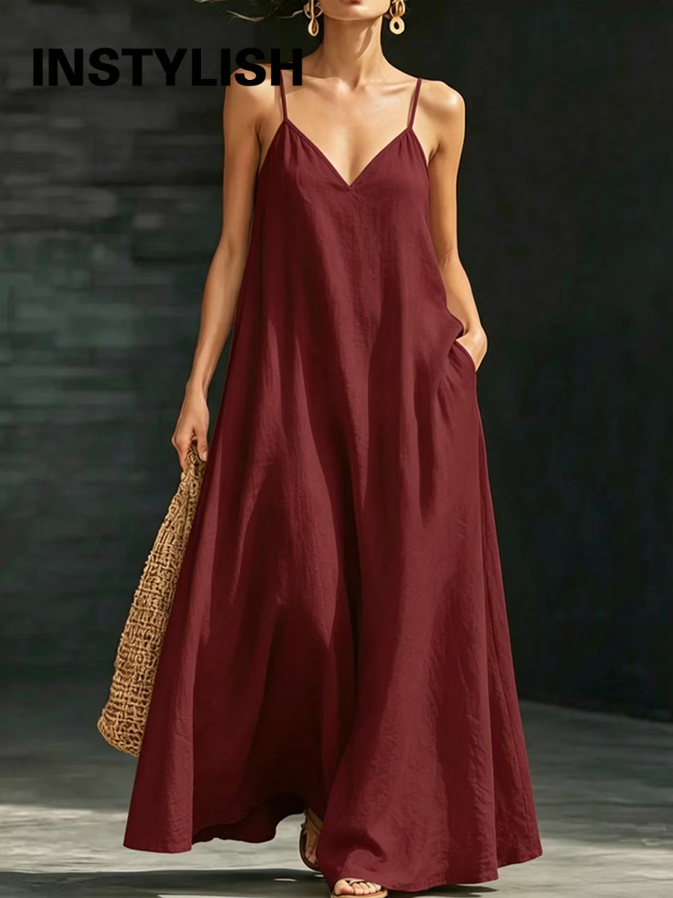 Dames linnen maxi-jurk met spaghettibandjes, V-hals, losse swing, lange jurk met zakken, casual zomerstrandvakantie, zonnejurk dames