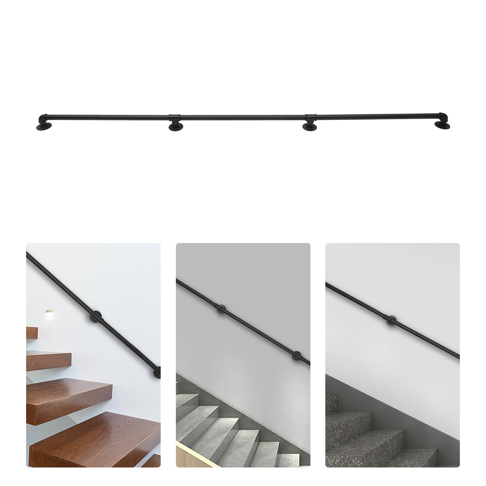 Rampe d'escalier multi-usages pour la sécurité des familles, des personnes âgées et des enfants, en métal noir, peinture thermolaquée, connecteurs robustes en T, 2,44 m