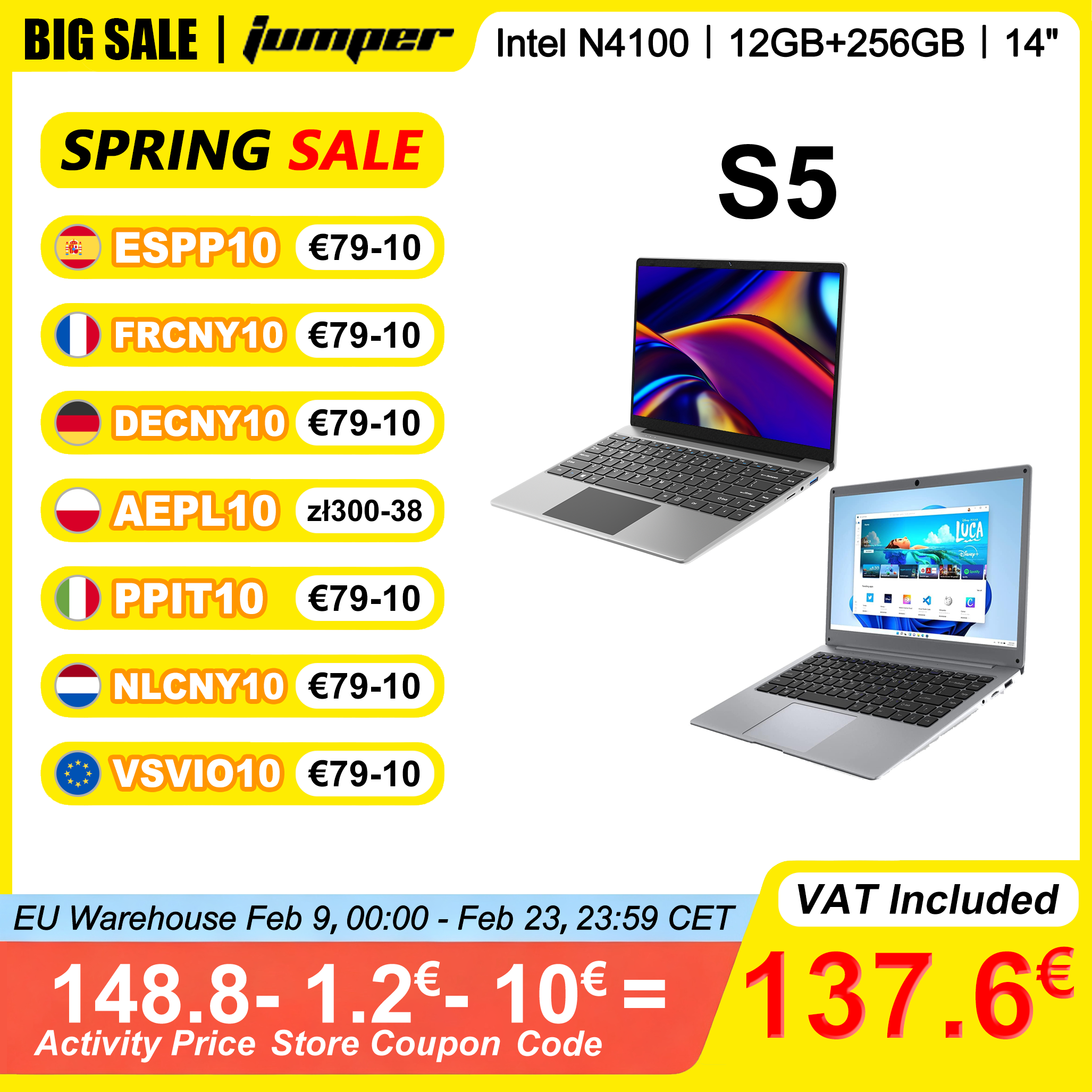 Ordinateur portable Jumper S5 14 pouces FHD Intel N4100 12 Go de RAM 256 Go de SSD Windows Intel UHD Graphics