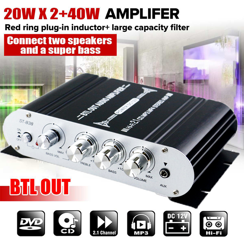 ST-838 amplificador de potencia HiFi de 2,1 canales amplificador de sonido de graves estéreo RMS 20Wx2 + 40W Clase D Mini reproductor multimedia MP3 coche negro amplificador doméstico