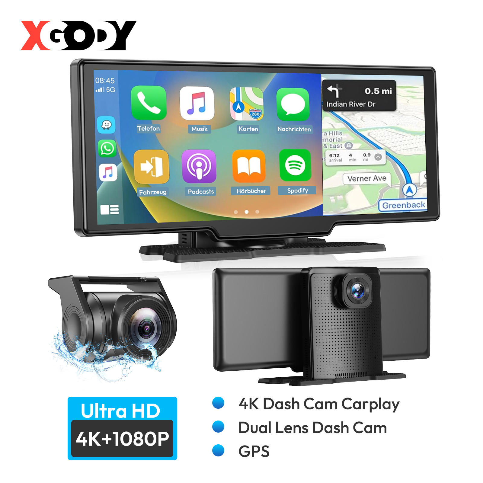 Przenośna kamera samochodowa 10" 4K Przenośne radio samochodowe Apple CarPlay Android Auto + 1080P Kamera GPS