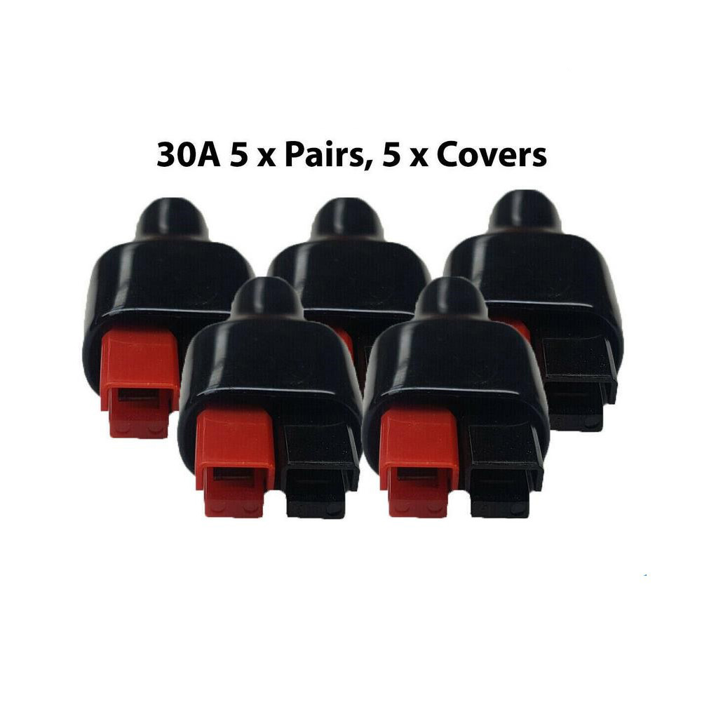 5 Paar 30-AMP-Stecker, 600-V-Stecker, Gummi, schwarze PVC-Staubschutzhüllen, Anschlusshülsen für elektrische Geräte