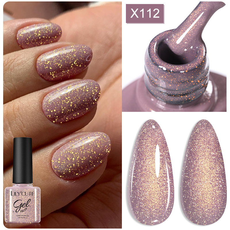 LILYCUTE 7ml Gold Sparkling Glitter เจลเล็บกึ่งถาวร UV เจล Soak off UV LED เล็บเจลเคลือบเงาสําหรับเล็บ DIY