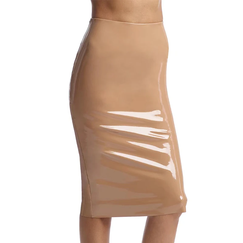 Mulheres estiramento magro saia de látex falso, cintura alta, bodycon sexy, couro envernizado brilhante, saia lápis, bainha traseira Split, Clubwear personalizado, novo