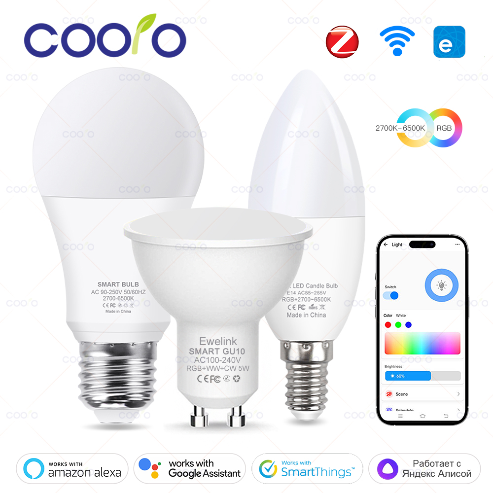 スマート WiFi Zigbee LED 電球調光可能 E27 E14 GU10 RGBCW 3000-6000K LED キャンドルランプ Ewelink アプリ Alexa Google ホーム Yandex