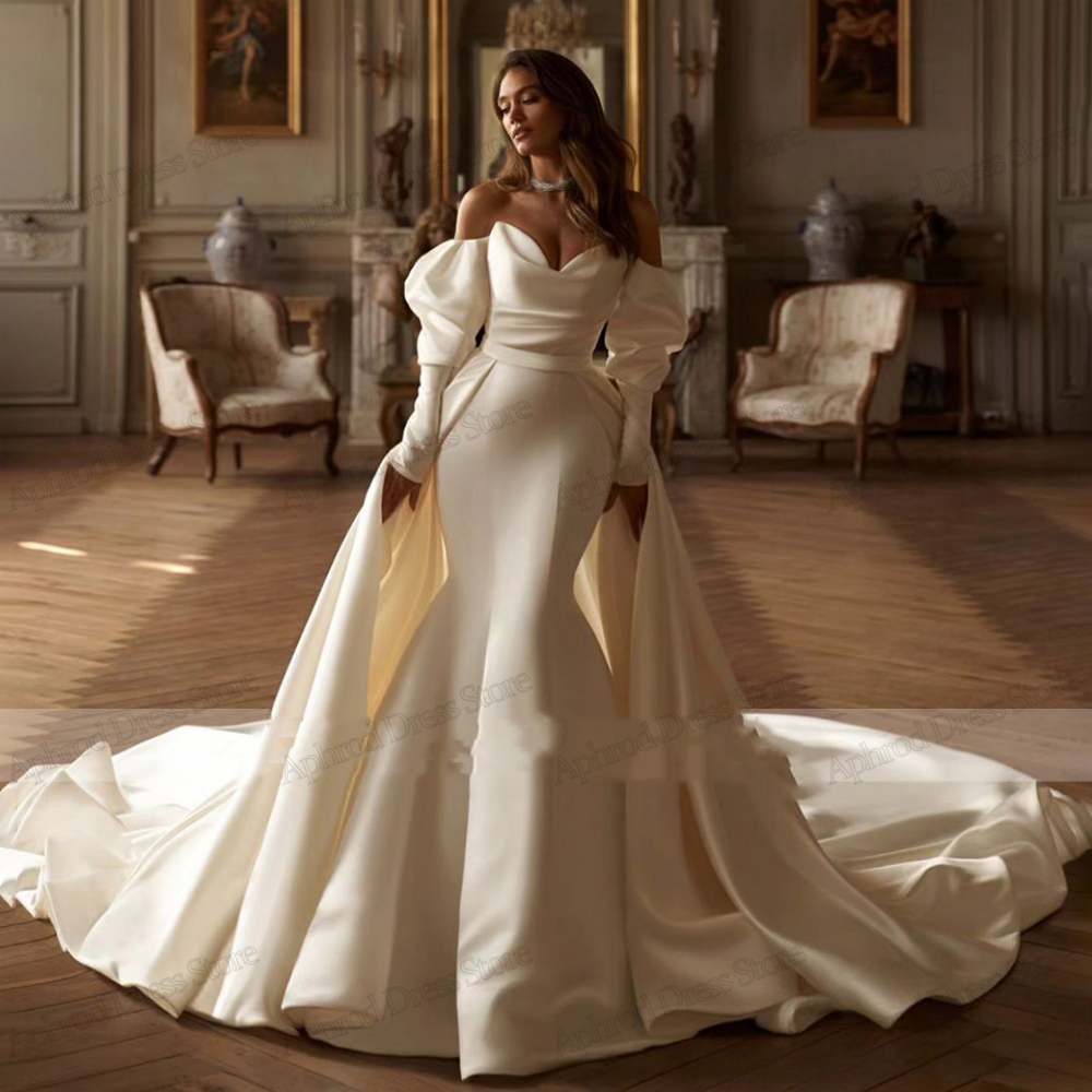 Glamorous ชุดแต่งงานซาตินชุดเจ้าสาว Mermaid ปิดไหล่ Robe สําหรับพรรคอย่างเป็นทางการ Vestidos De Novia ที่กําหนดเอง