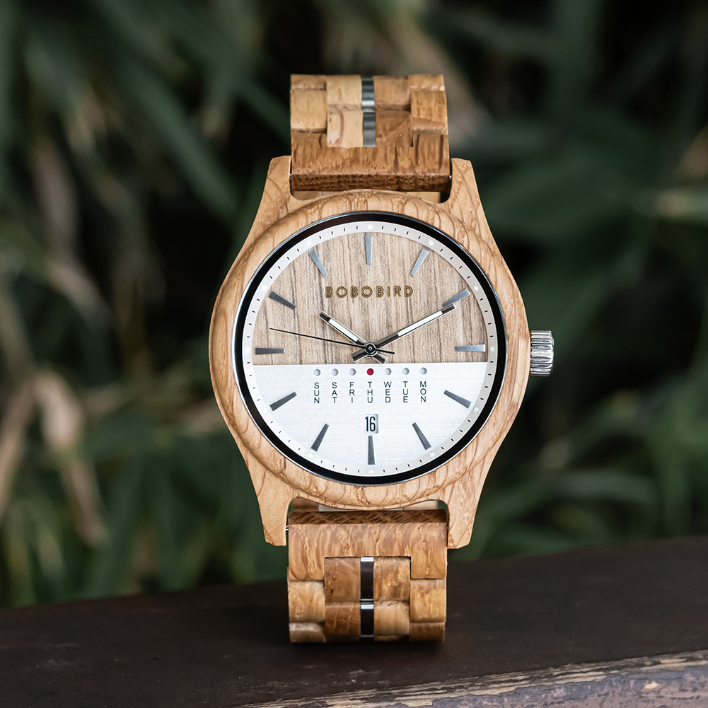 Bobo bird relógios masculinos de madeira de carvalho branco relógio luminoso mãos semana e data exibição relógio de pulso masculino presente de aniversário para homem
