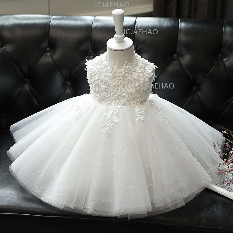Kinder Festkleidung Blumenmädchen Hochzeit Weißes Puffiges Prachtvolles Geburtstags-Prinzessinnenkleid Tüll-Robe Baby Mädchen Einjähriges Geburtstagsfeier-Kleid