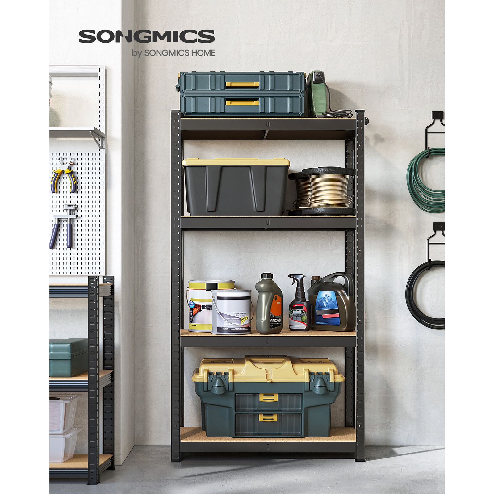 ชั้นวางของ4ชั้น songmics ชั้นวางของเหล็กสำหรับจัดเก็บชุดประกอบแบบไม่มีสลักเกลียวสำหรับโรงรถโรงเก็บของ