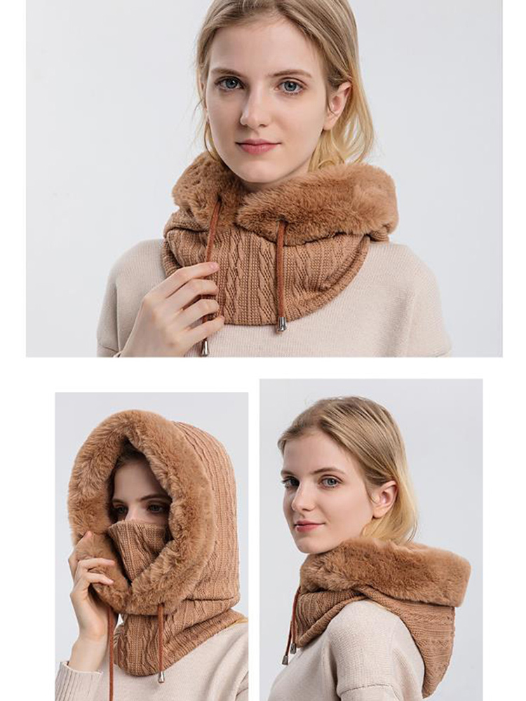 Woman Winter Hat Hooded Face Mask Fluff Keep Warm Thicken Style Womens Neck Scarf Hooded Cap Beanie Knitted Cashmere Neck Warmer