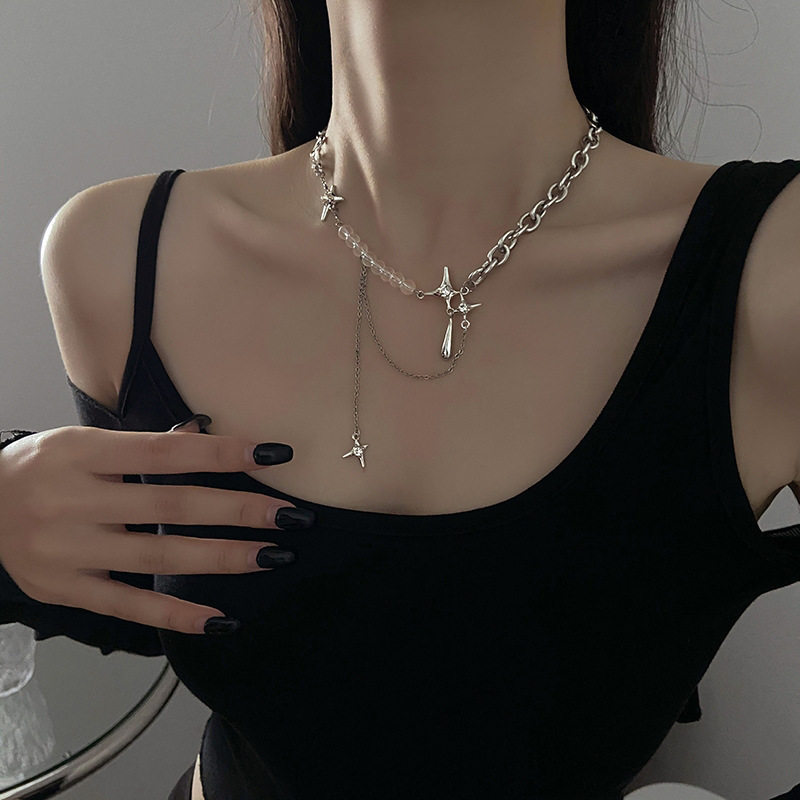 Naszyjniki Y2k z nieregularnym łańcuszkiem w kształcie gwiazd, damska moda, przezroczyste koraliki, cyrkoniowy choker, srebrny kolor, letnia biżuteria B