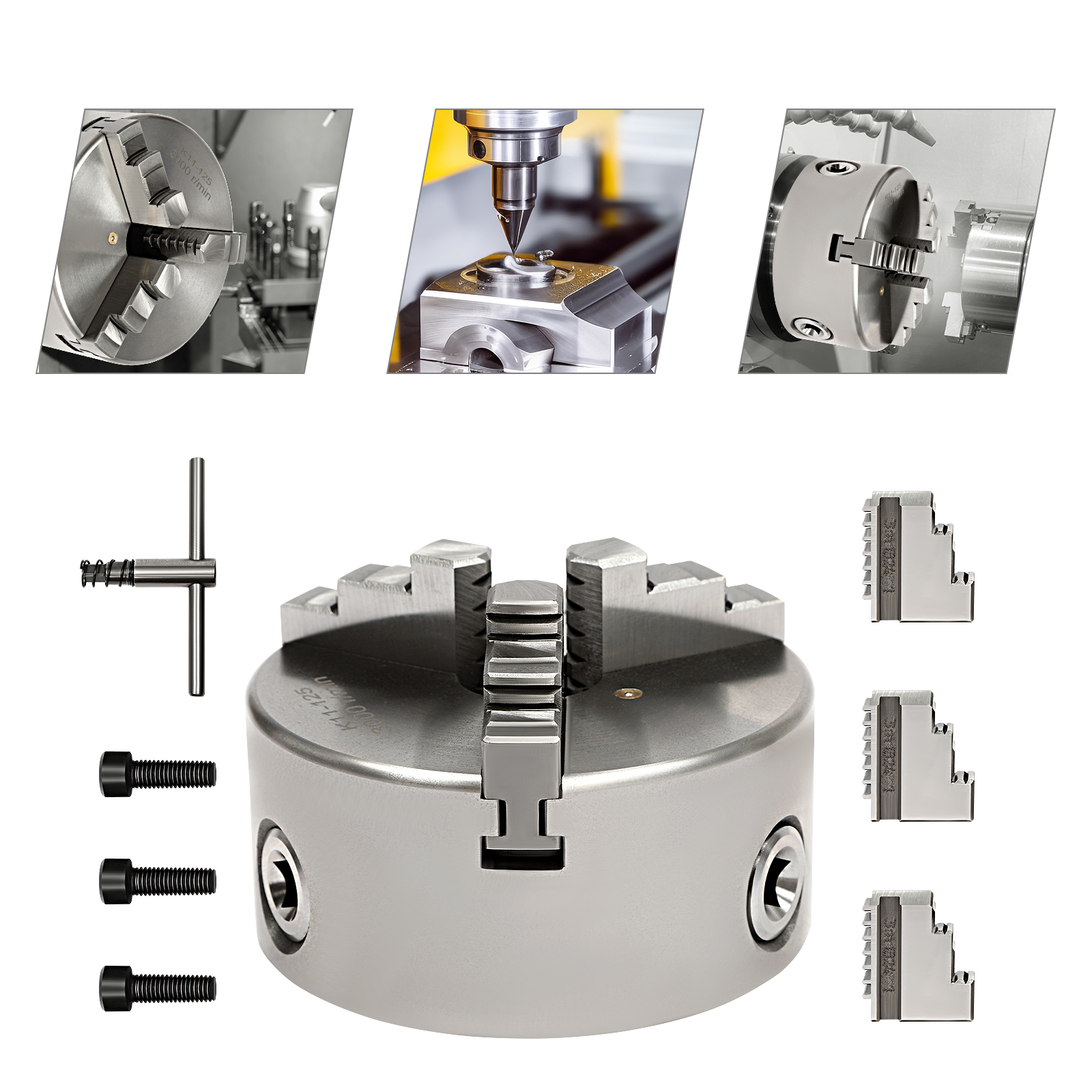 80mm/100mm/125mm 3 mandíbulas auto-centralização mandril de torno ajustável conjunto de ferramentas com chave para fixação fresagem perfuração torneamento