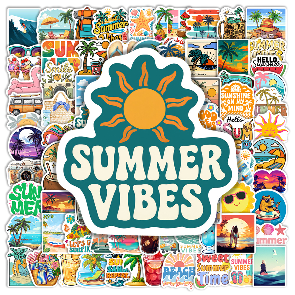 Adesivos de Verão: Decalques Decorativos de Vinil Impermeáveis com Desenhos Animados Fofos para Scrapbook, Diários Criativos, Laptop, Celular, Garrafas e Malas