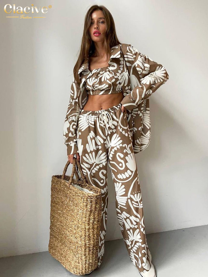 ClacMarkets-Ensemble 3 Pièces Imprimé pour Femme, Chemisier Élégant à Manches sulf+ Haut Tube en Fibre avec Pantalon Taille Haute