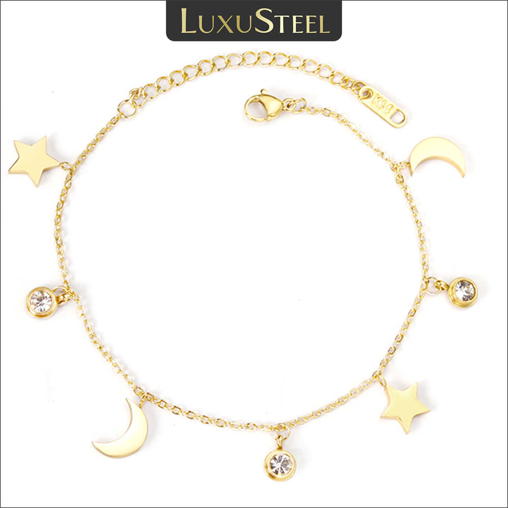 LUXUSTEEL-colgantes redondos de circonia cúbica para mujer, de acero inoxidable, estrella, Luna, cadenas de eslabones, pulseras, extensor de Color dorado Simple