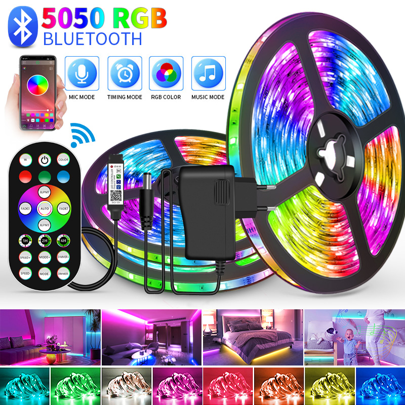 Tira de luces LED WS2812B con Bluetooth, panel de control remoto 5050 RGBW + cinta de alimentación, diodo, luz LED nocturna de neón para habitación y TV