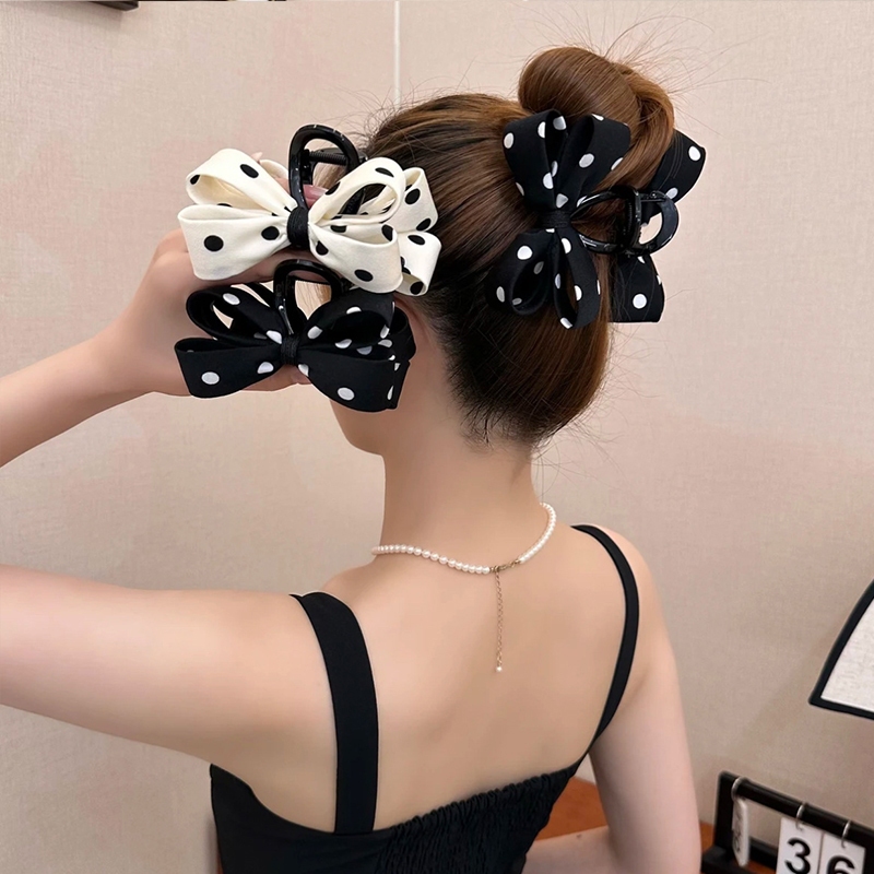 Grampo de cabelo com laço de bolinhas para mulheres elegante temperamento tubarão clipe moda menina rabo de cavalo