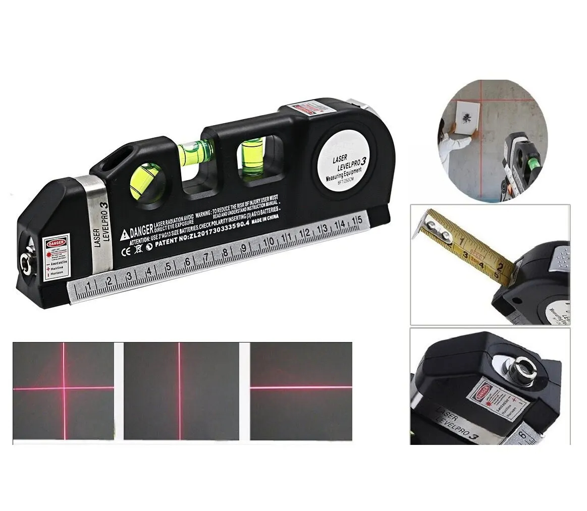 Strumento di linea di livello Laser livellatore Laser a linea multiuso Laser a linee incrociate con nastro di misurazione Standard da 8 piedi 2.5M e righelli metrici
