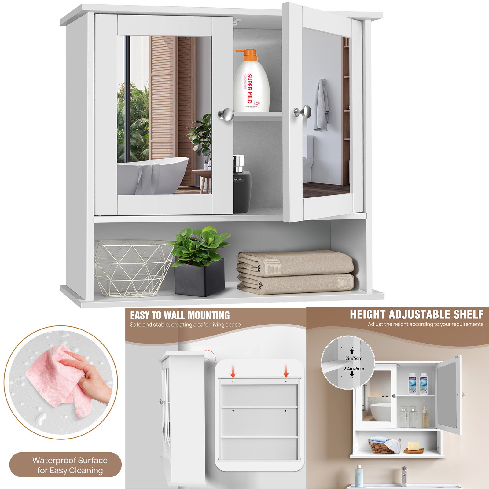 Efan 3 Tier Spiegelkast Aan De Muur Gemonteerde Kast Opslag Met Spiegel En Dubbele Deur, Badkamer Opslag Plank Organizer Unit