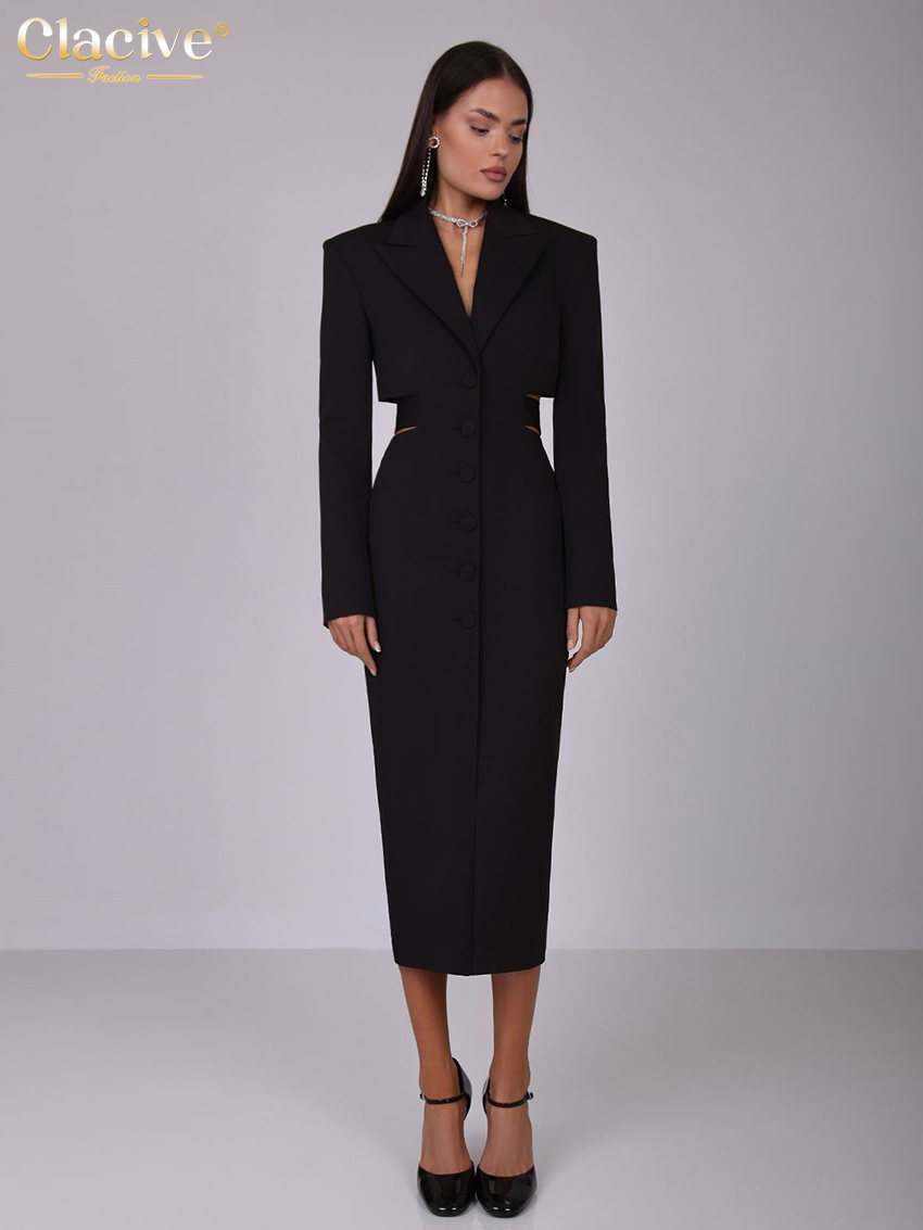 ClacMarkets-Robe noire à manches longues et revers pour femme, tenue élégante, décontractée et classique, longueur de rinçage, idéale pour le bureau, à la mode, 2024