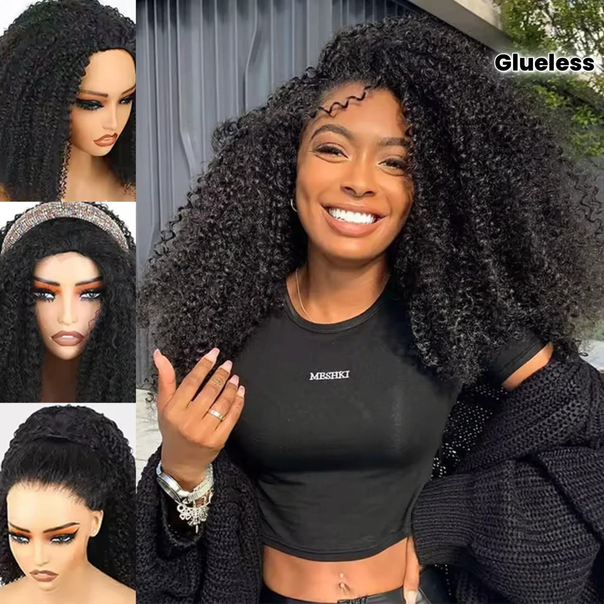 Smilegirl Demi-perruque bouclée crépue en cheveux humains, avec cordon de serrage, sans colle, design à porter sur la nuque, cheveux Remy, texture naturelle, style invisible sans couture, cheveux doux et volumineux pour femmes afro-américaines, usage quot