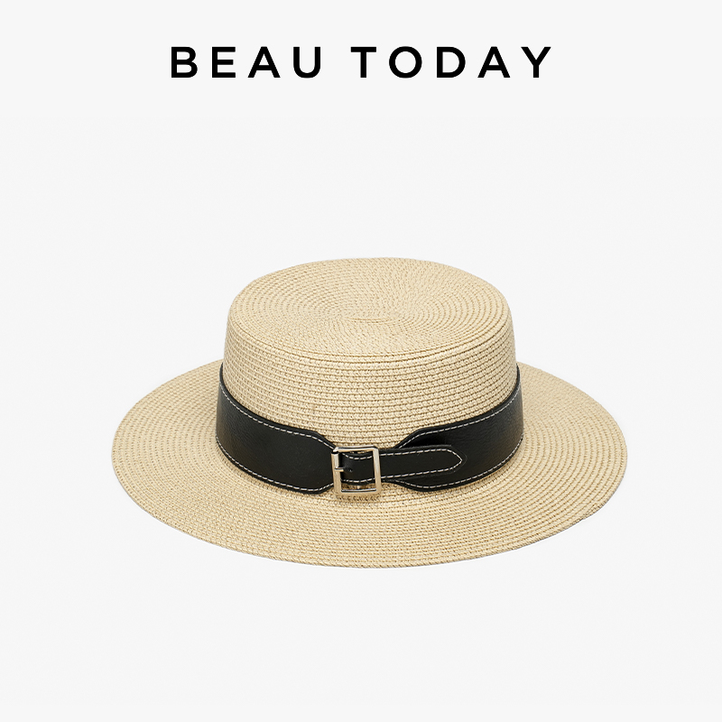 BEAUTODAY Cappelli di paglia Donna Pelle Fibbia in metallo Casual Estate Parasole Donna Moda Berretto da spiaggia Fatto a mano 96505
