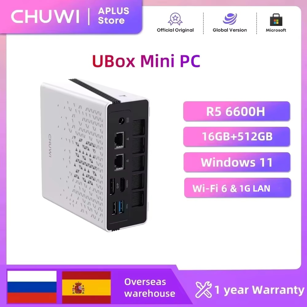 CHUWI UBox Mini PC AMD R5-6600H 6 rdzeni 12 wątków DDR5 16GB 512GB PCle 3.0 SSD Wi-Fi 6 i 1G LAN Komputer stacjonarny z częstotliwością 4,5 GHz