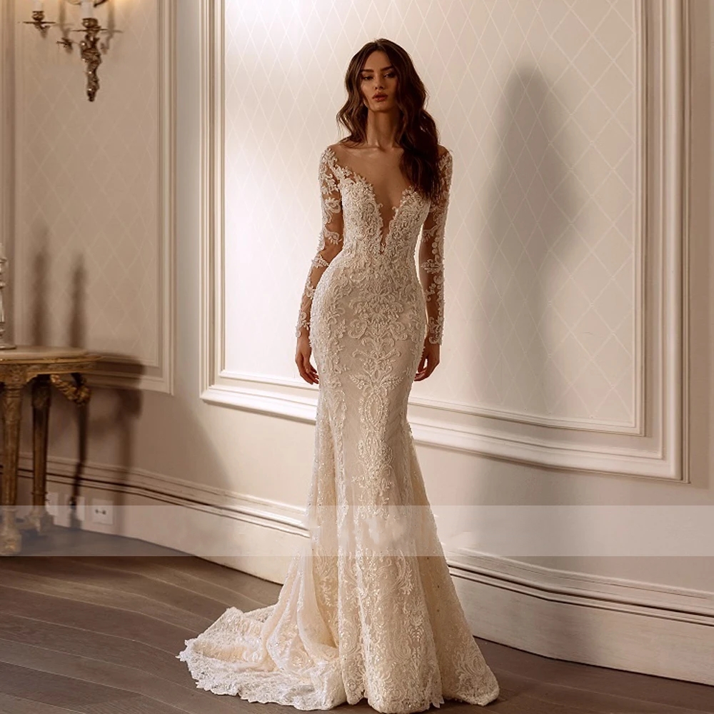 Vestidos De Novia con forma De corazón, Vestidos De Novia sexys con espalda descubierta, Apliques De encaje, mangas largas, sirena, exquisitos Vestidos De Novia personalizados