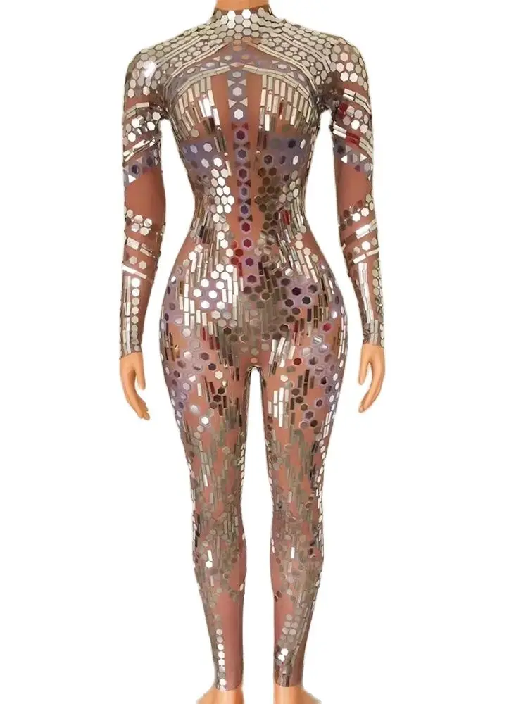 Dames Lange Mouw Enkellengte Custom Bodysuit Vrouwen Lange Bodysuit Performance Wear Sexy Glitter Pailletten Jumpsuit