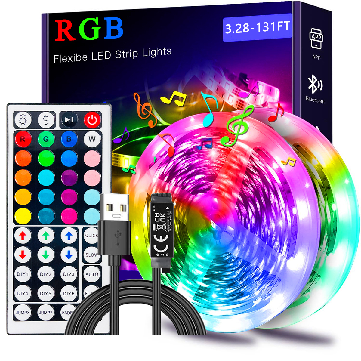 5-20m LED RGB Light Strip, 44-Key Remote + APP Control, Music Sync, Low Voltage USB 5V Tape Light for Home & TV Decoration
