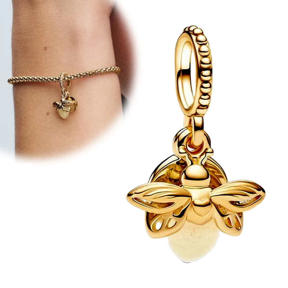 เงินสเตอร์ลิง 925 Gold Glow in The Dark Firefly จี้สร้อยข้อมือผู้หญิง DIY จี้สําหรับเครื่องประดับทําของขวัญ