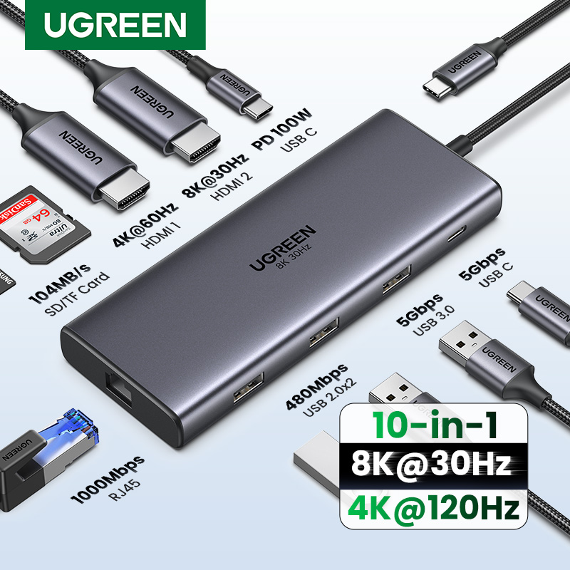 UGREEN Touristes HDMI USB-C HUB 8K 4K Adaptateur HDMI 10 en 1 Répartiteur avec RJ45 USB3.0 PD 100W S6 pour MacPlePro Air Ordinateur Portable USB HUB