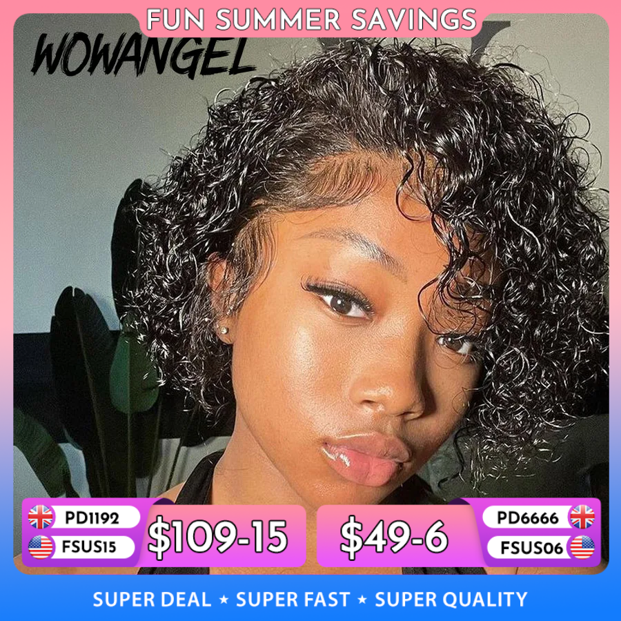 Wow Angel Wig potongan Pixie keriting pendek Wig depan renda 13x4 HD Wig rambut manusia keriting Jerry 250% Wig renda transparan HD kulit berkilau